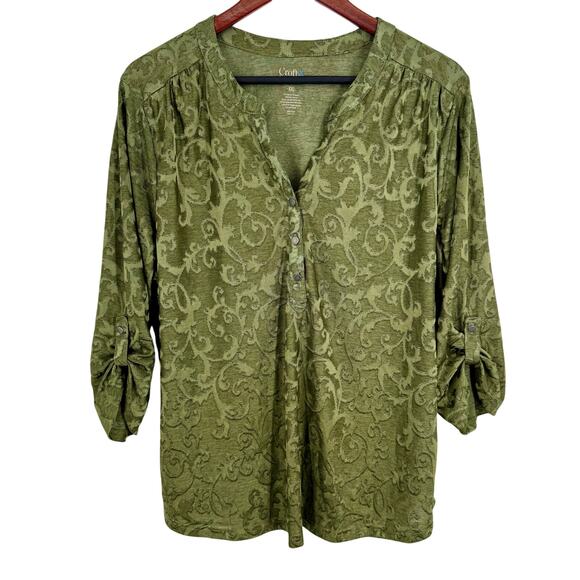 Croft & Barrow Womens Plus Size XXL Olive Green Stretchy Blouse Shirt Top Artsy - Picture 1 of 6